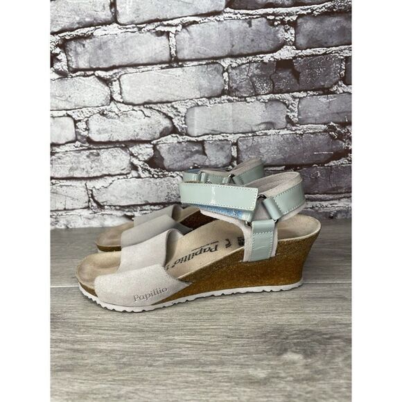 Birkenstock Papillio Grey Nubuck Suede Teal Patent Cork Wedge Sandals Women 38EU - Picture 14 of 16